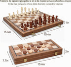 Hvygss - Tablero magnético de ajedrez de 15 pulgadas, juego de ajedrez de madera plegable con damas, piezas hechas a mano con 2 reinas adicionales, juego de mesa de viaje portátil para niños de 6 años