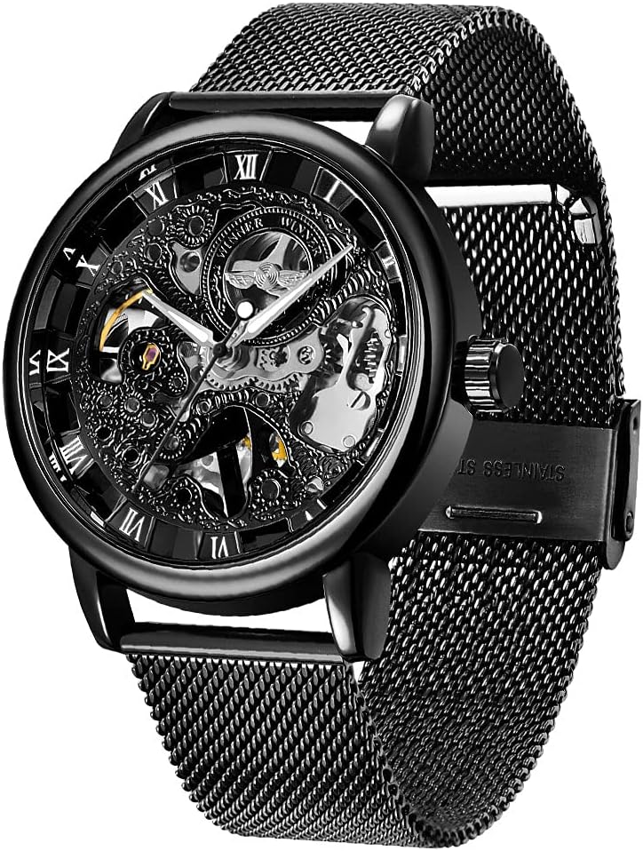 Reloj esquelético mecánico de malla para hombre, reloj deportivo casual de negocios a prueba de agua