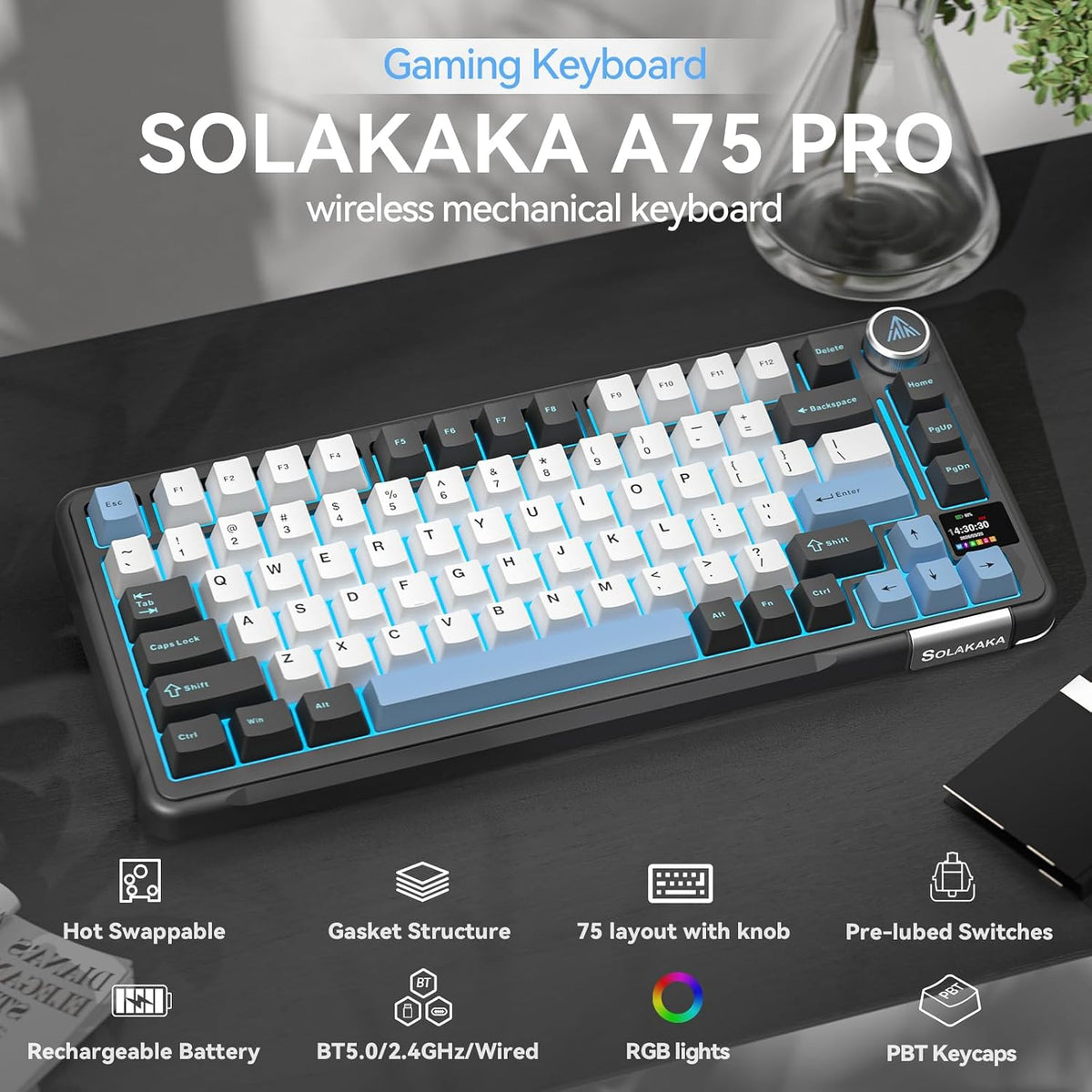 SOLAKAKA A75 PRO Teclado negro para juegos 75% mecánico inalámbrico...