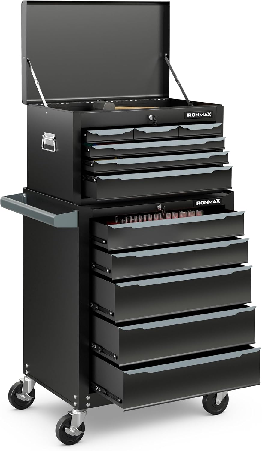 Goplus Cofre de herramientas de acero rodante, gabinete de almacenamiento de herramientas resistente de 11 cajones con agujeros para colgar, sistema de bloqueo con llave central, deslizadores de