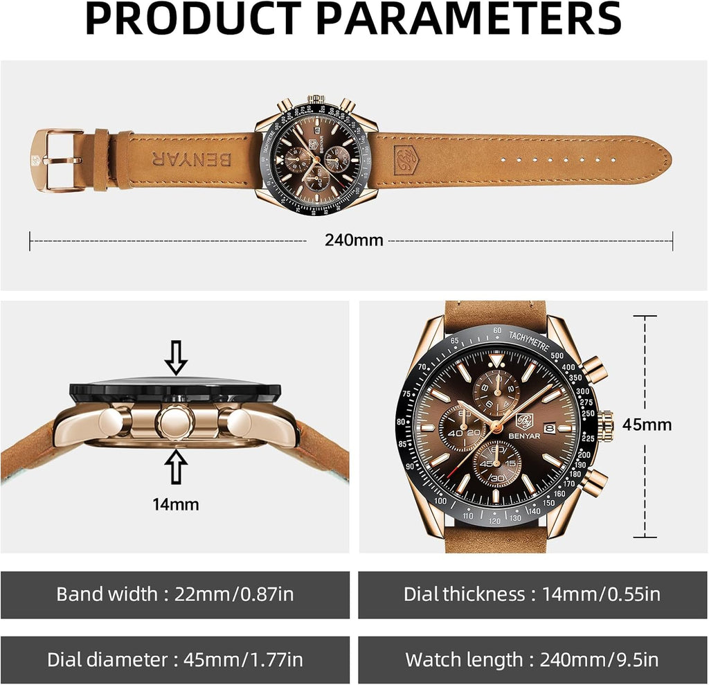 BENYAR Relojes para hombre, reloj de pulsera analógico con movimiento de cuarzo, correa de cuero/acero inoxidable/silicona, reloj de vestir casual para deportes de negocios, resistente al agua