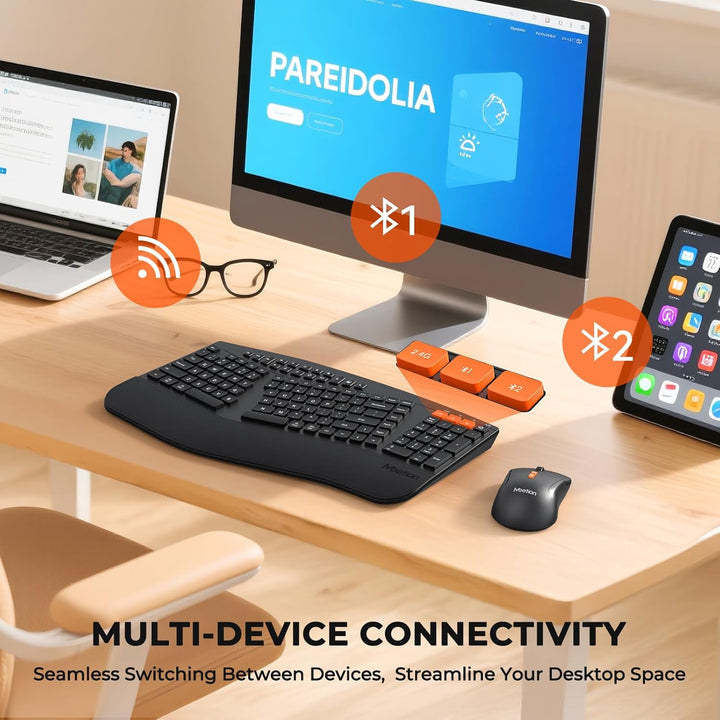 MEETION Teclado y mouse ergonómicos, teclado Bluetooth multidisposi...