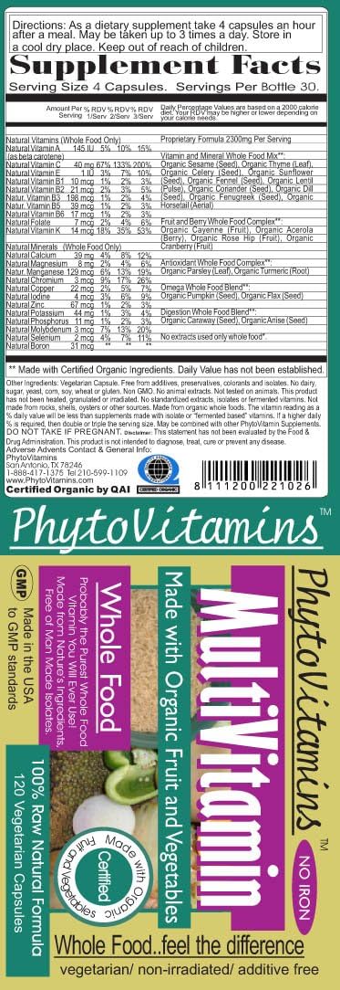Multivitamina orgánica sin hierro (sin hierro) por PhytoVitamins; 1...