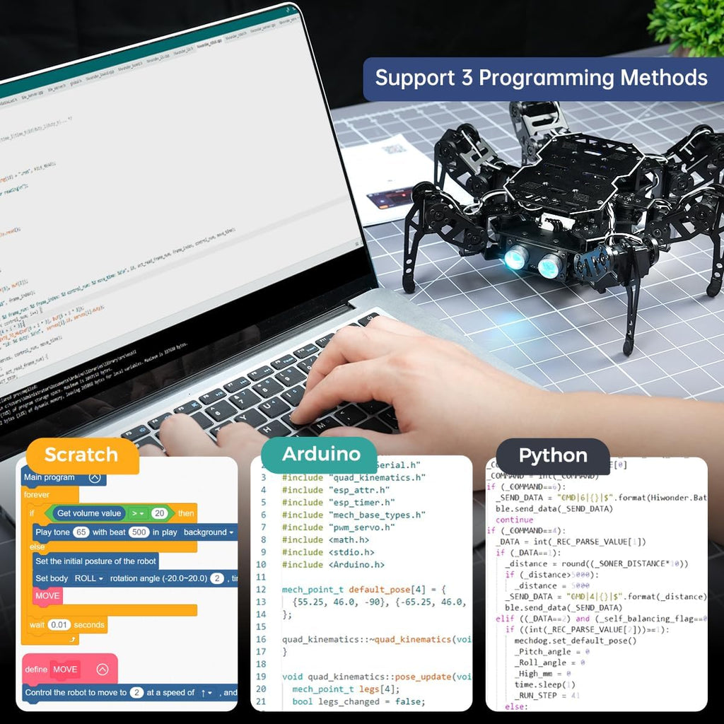 Robot hexápodo 18DOF para programación Arduino, Spider Walking Crawling Self-Balancing AI Visión Control de Voz, Evitación de Obstáculos, Educación STEM Robot de código abierto con tutoriales, kit estándar miniHexa