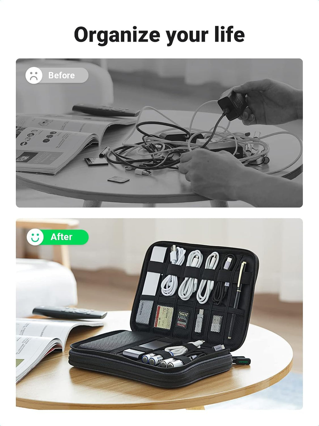 UGREEN Organizador Electrónico de Viaje, Bolsa Organizadora de Cables de Viaje para Cables de Datos, Cargador USB C, Tarjeta SD, Disco Duro, Cable de Carga, Ratón, Banco de Energía, Teléfono, Enchufe