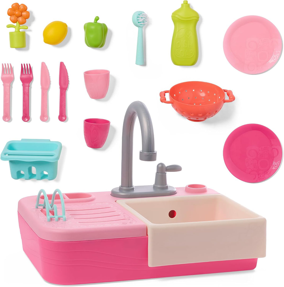 B. toys Splash-n-Scrub Sink, Pink Kitchen Sink Playset, 18-Piece