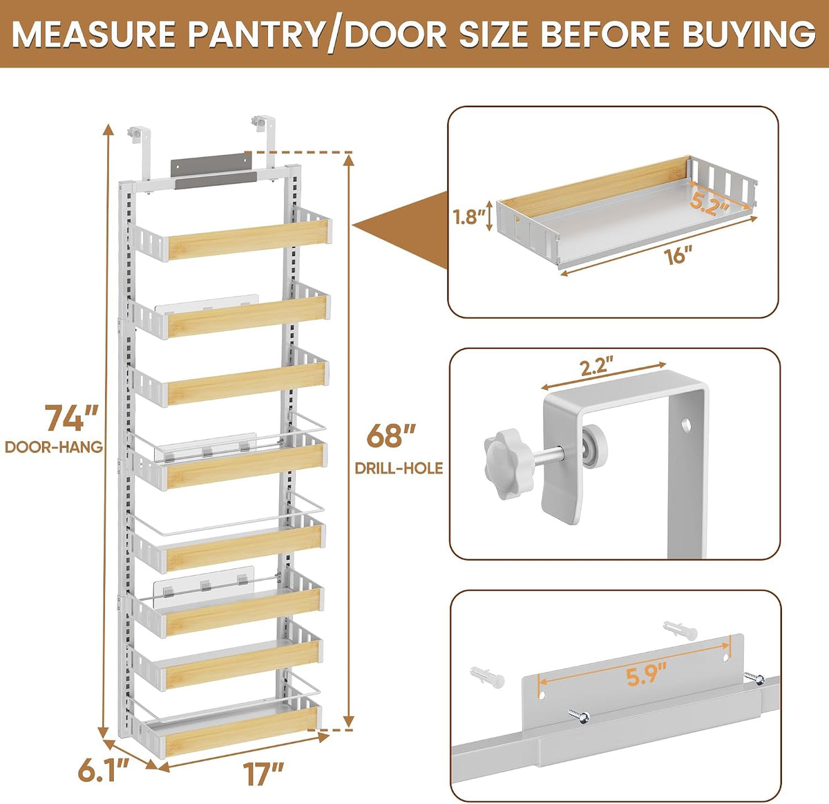 Organizador de despensa de 8 niveles para colgar sobre la puerta, 2 EN 1 de montaje en pared o estante de especias colgante, estantes de condimentos con canasta ajustable, organizador para la