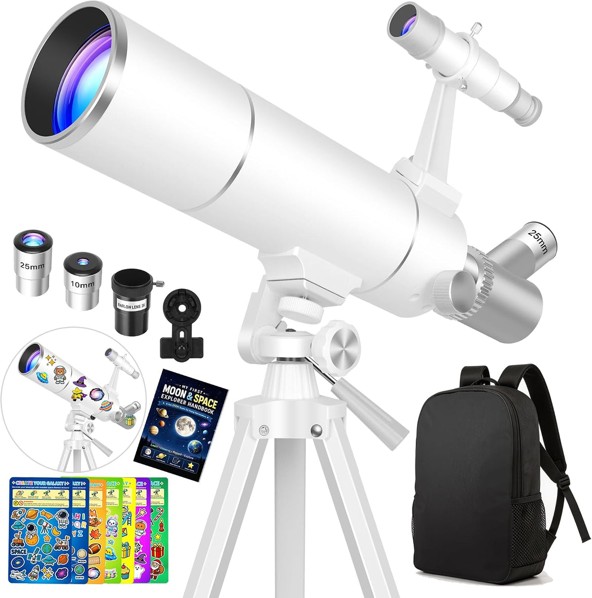 Hawkko Kit de telescopio para niños de 8-12 años, apertura de 80 mm, 500 mm de focal, telescopio portátil
