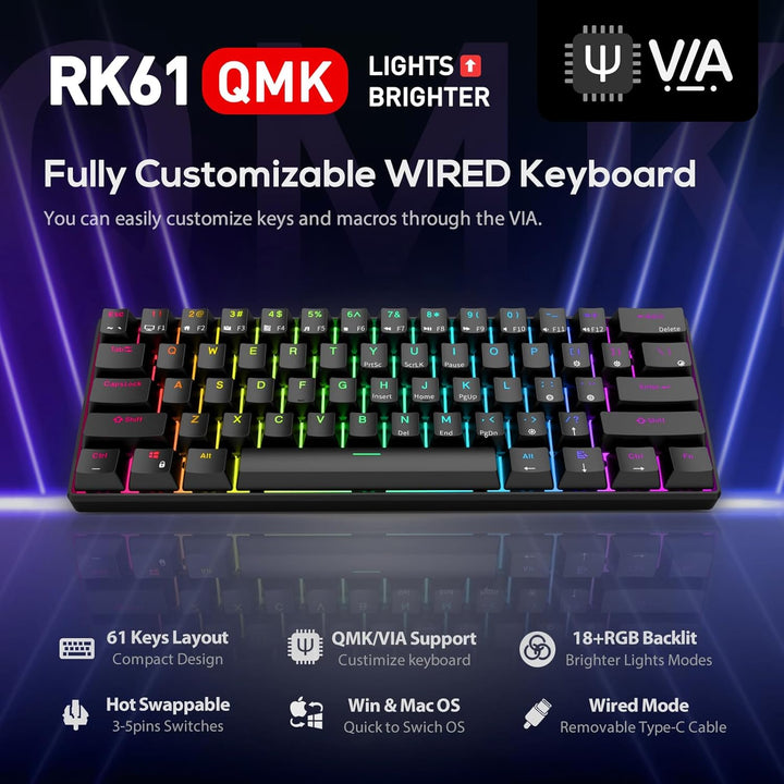 RK ROYAL KLUDGE RK61 Teclado mecánico con cable 60% para juegos pro...