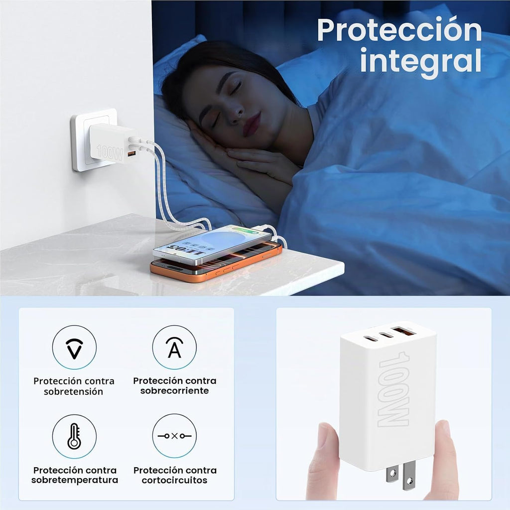 Carga rápida de 65 W para iPhone Duo 18 17 16 Pro Max, bloque de carga USB C de 3 puertos de 100 W y cable trenzado tipo C de 3/6/10/10 pies para iPhone 17 16 15 Pro/MacBook Air/iPhone 18 Pro/para