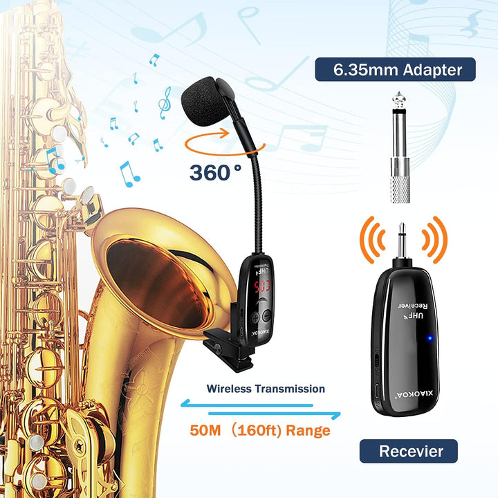 Micrófono inalámbrico para saxofón, micrófonos UHF para saxofón, mi...