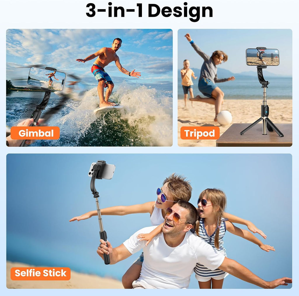 Estabilizador de cardán para smartphone, cardán de mano de equilibrio automático de 1 eje, trípode extensible giratorio de 360°, control remoto inalámbrico para iPhone, Android, viajes
