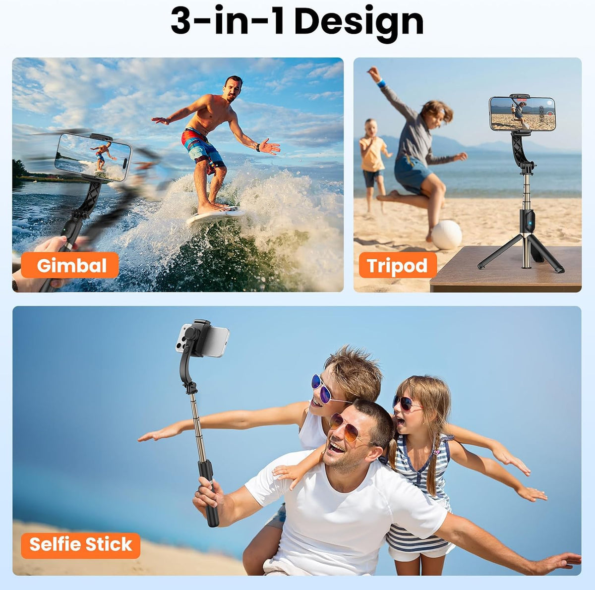 Estabilizador de cardán para smartphone, cardán de mano de equilibrio automático de 1 eje, trípode extensible giratorio de 360°, control remoto inalámbrico para iPhone, Android, viajes