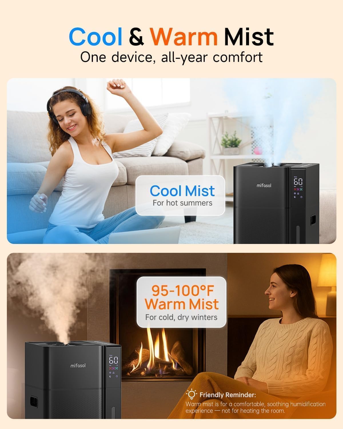 Mifasol Humidificador de niebla fría y cálida para habitación grande