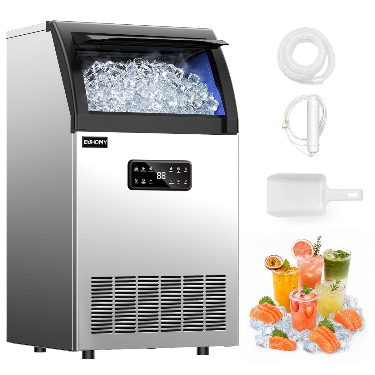 EUHOMY Máquina de hielo comercial, 120 libras/24 horas, máquina de hielo de acero inoxidable debajo del mostrador con filtro de agua, capacidad de almacenamiento de 33 libras, 45 cubos en 8-12 minutos