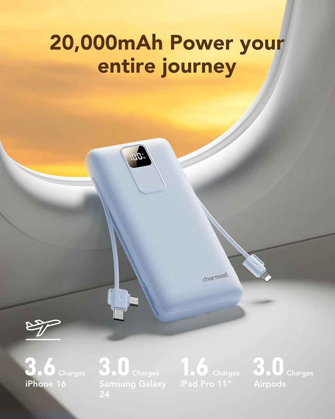 Charmast Cargador portátil de 20000mAh con cables incorporados y en...