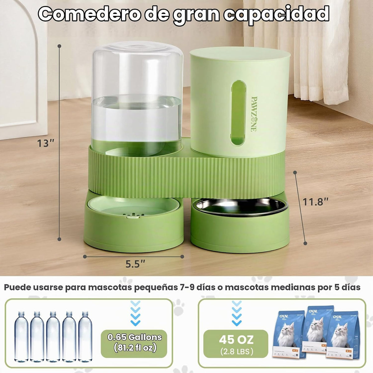 Alimentador automático para gatos, dispensador de agua de acero inoxidable, alimentador de alimentos por gravedad y bebedero con cuenco de comida para mascotas, para gatitos pequeños y medianos, cachorros, mascotas, gran capacidad (verde)