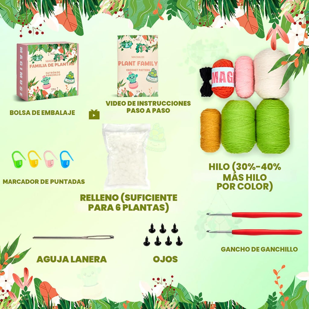 MAGIMUSE Kit de ganchillo para principiantes, kits de inicio de ganchillo para adultos, kits de ganchillo para tejer manualidades Amigurumi con tutoriales en video paso a paso, paquete de 6 plantas