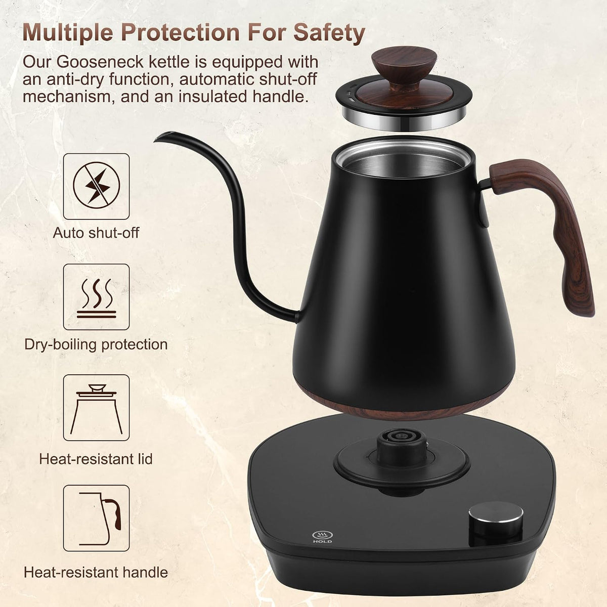 Hervidor eléctrico de cuello de cisne, control inteligente de temperatura, interior de acero inoxidable, calentamiento rápido, para café de filtro, preparar té, hervir agua caliente, 1000 W