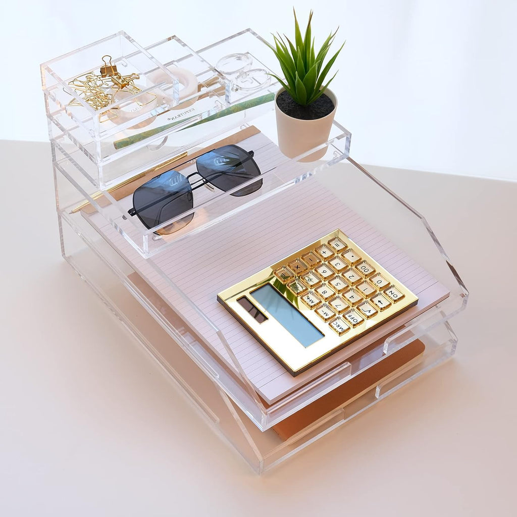 Calculadora acrílica con soporte, calculadora básica de 12 dígitos LCD de energía híbrida de batería y solar, accesorios de escritorio para el hogar y la oficina (dorado)