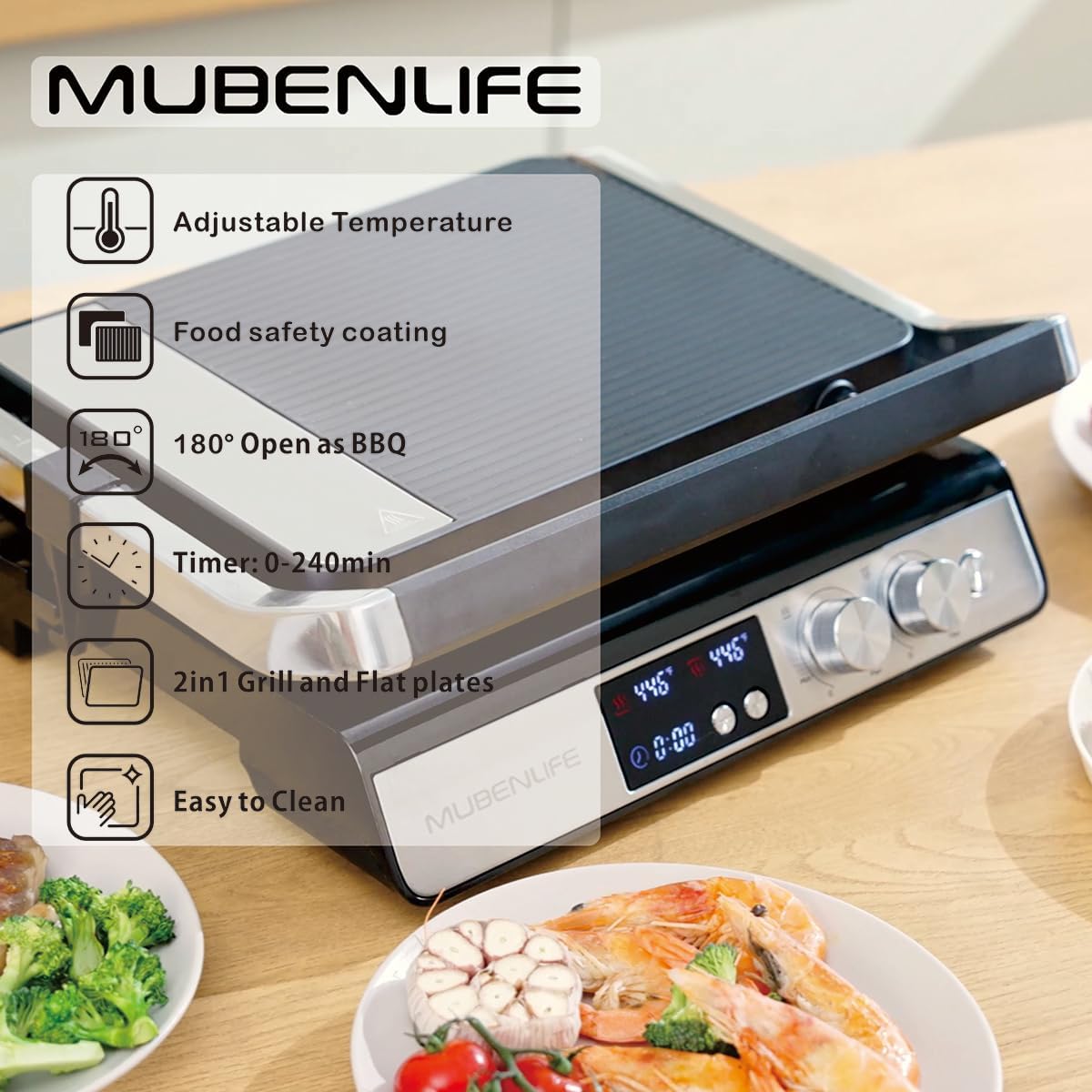 Prensa Panini, parrilla de contacto de 4 rebanadas con parrilla antiadherente extraíble y platos planos, fabricantes de panini con control de temperatura y temporizador, abierto a 180 grados, parrilla y plancha (negro medio con digital)