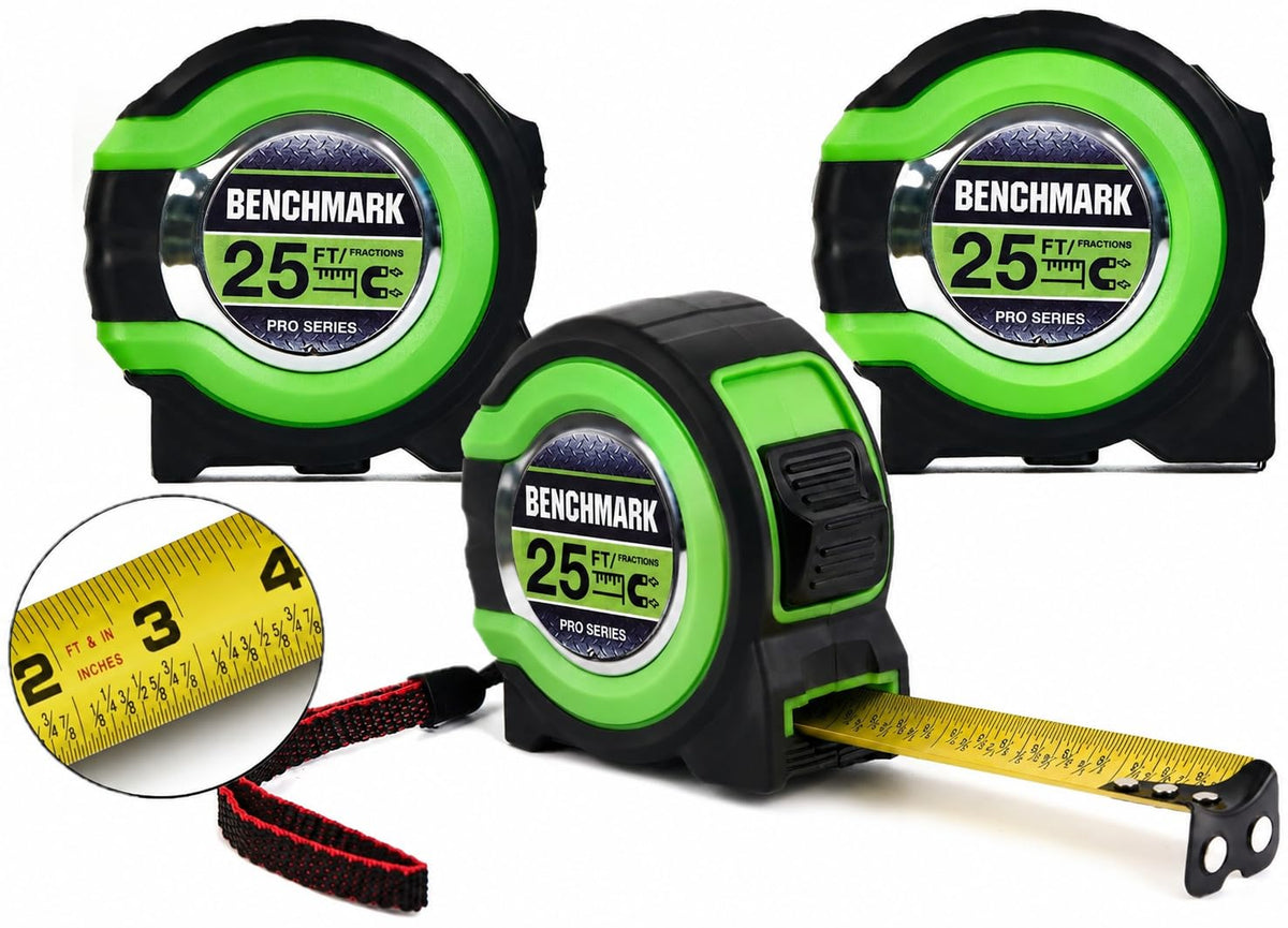3 Pack - Cintas métricas de 25 ft - Fracciones fáciles de leer hasta 1/8 pulgada - Punta magnética - Puño y bloqueo rápido - Autovuelta - Clip de cinturón - Verde - Cinta métrica retráctil