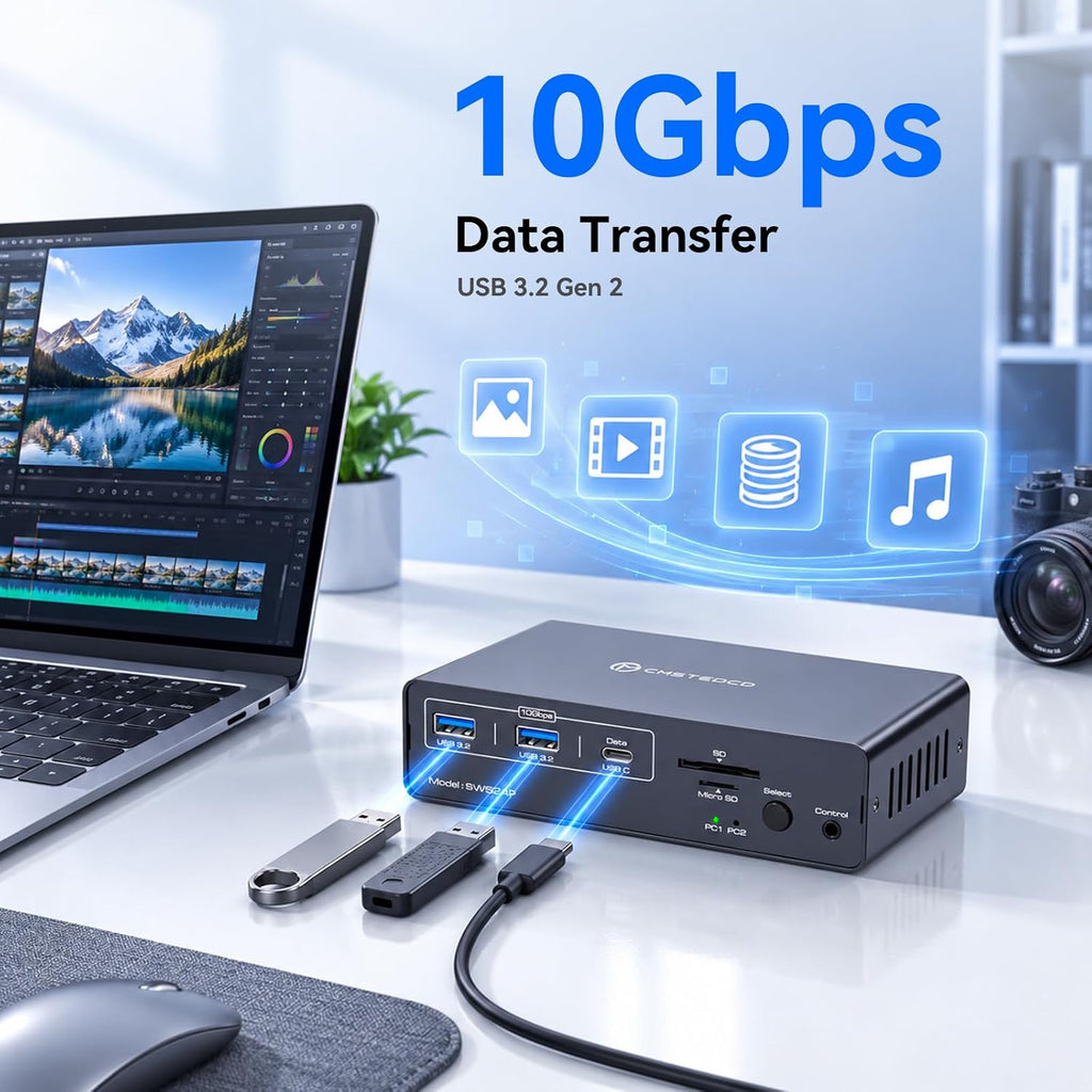 Conmutador KVM 2 monitores 2 computadoras, estación de acoplamiento KVM USB-C para 2 portátiles, monitor dual HDMI KVM con Thunderbolt 4 y EDID, 4K @60Hz/2K a 120Hz, 100W PD, 10Gbps USB