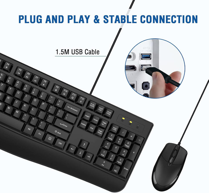 EDJO - Combo de teclado y mouse con cable, teclado ergonómico de ta...