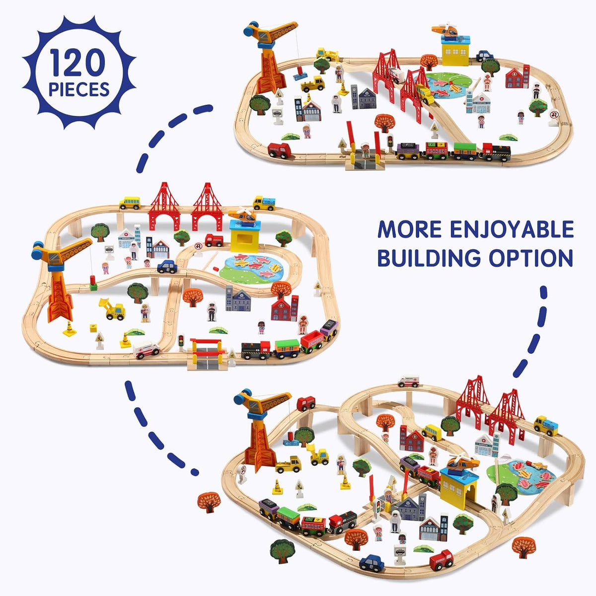 Juego de tren de madera de 120 piezas, tren de juguete con pistas para niños de 3 a 10 años, compatible con las principales marcas, juego de ferrocarril para niños y niñas