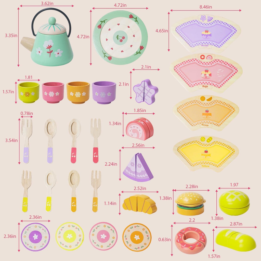 JAUNTY Tea Party Set Toy para Girl 3 4 5 Years Old, Wooden Pretend Play Kitchen Toy Food para 3 Year Old Little Girls , Great Educational 1st Birthday para 3-5 Toddler Girls Boys