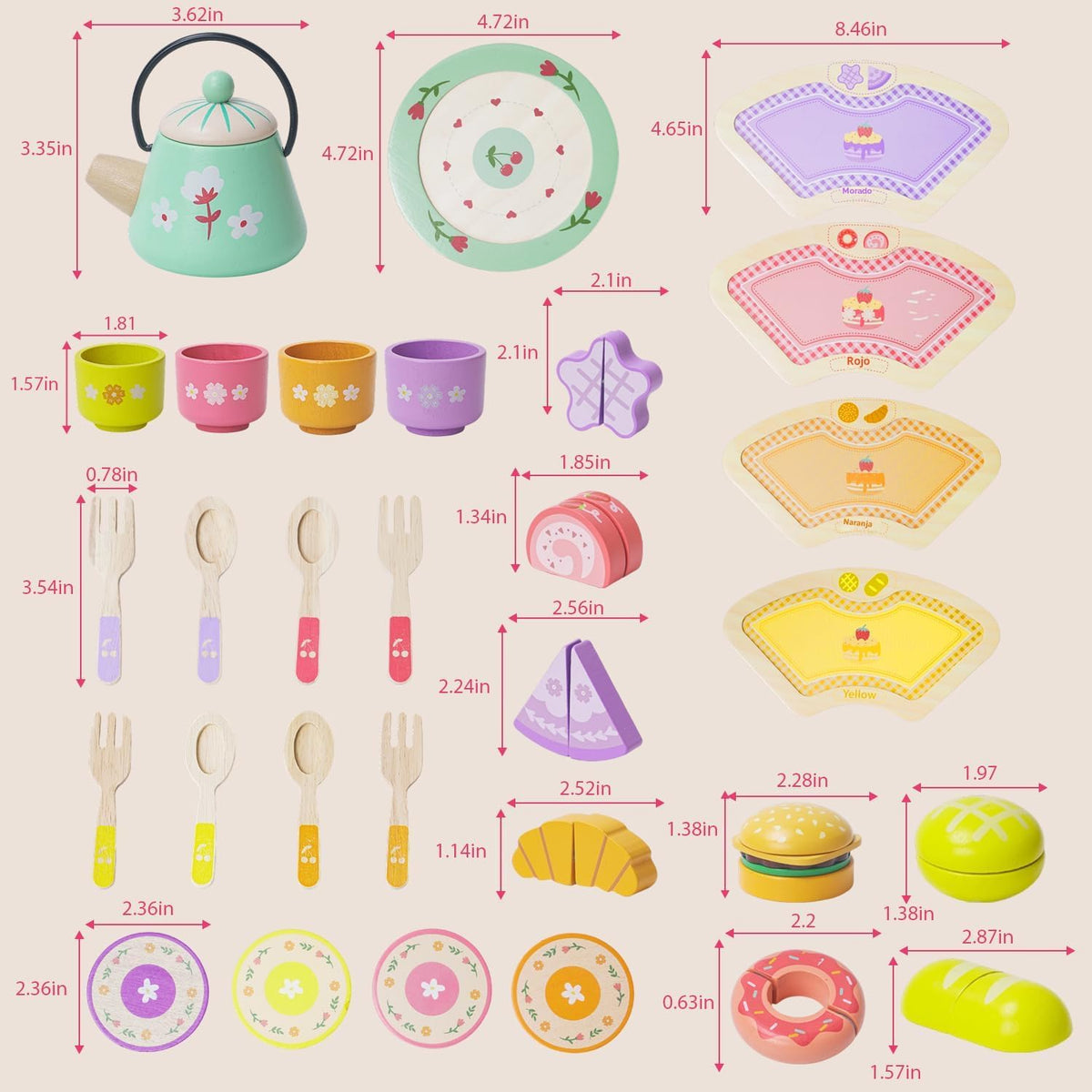 JAUNTY Tea Party Set Toy para Girl 3 4 5 Years Old, Wooden Pretend Play Kitchen Toy Food para 3 Year Old Little Girls , Great Educational 1st Birthday para 3-5 Toddler Girls Boys