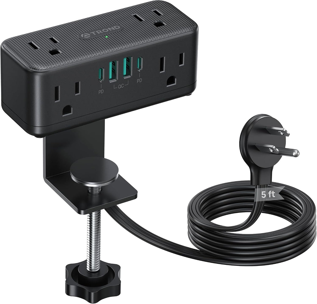 TROND Desenrosca/Clamp de Escritorio Compacta con Tira de Enchufes de 5 ft, Compatible con Borde de Mesa de 2.16", Negro