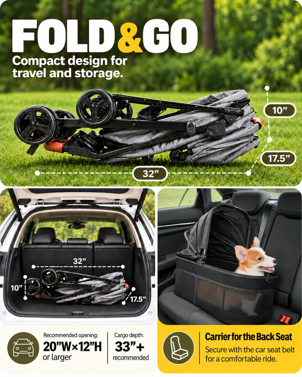 Zoosky Cochecito para mascotas 3 en 1 con transportador extraíble, cochecito plegable para perros y gatos pequeños/medianos, impermeable, todo terreno, con parasoles, asiento de coche