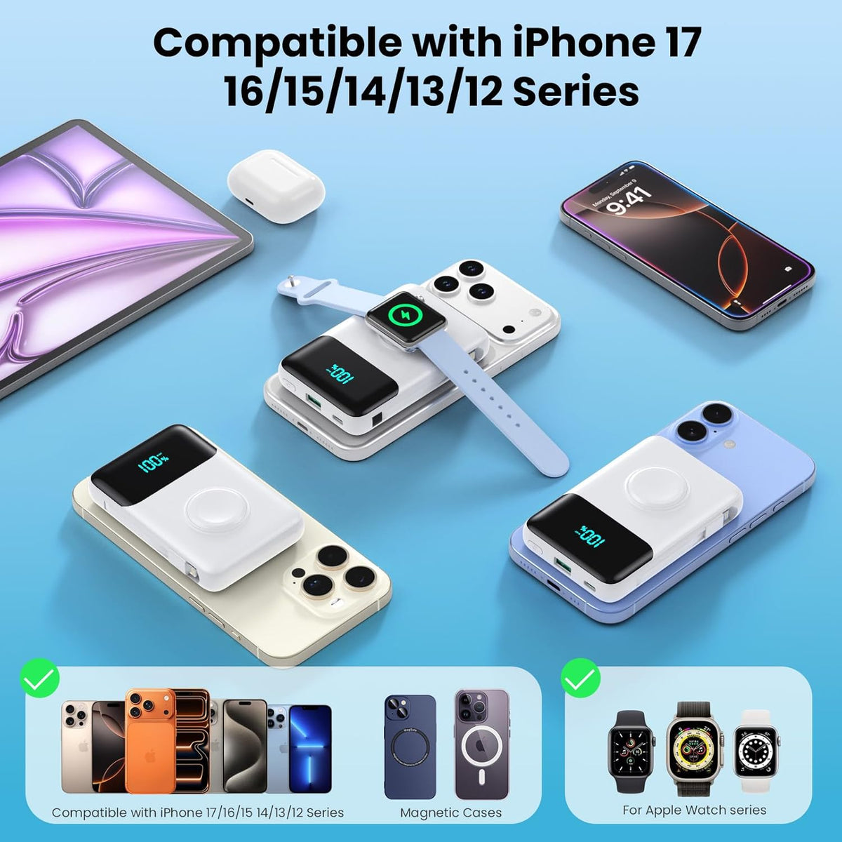 Cargador portátil magnético para iPhone con cable incorporado, banc...