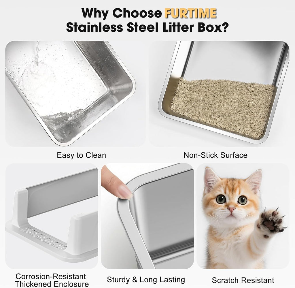 FURTIME Caja de arena para gatos de acero inoxidable, caja de arena de