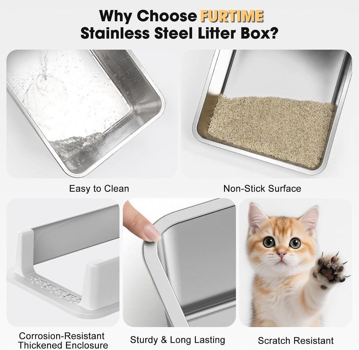 FURTIME Caja de arena para gatos de acero inoxidable, caja de arena de