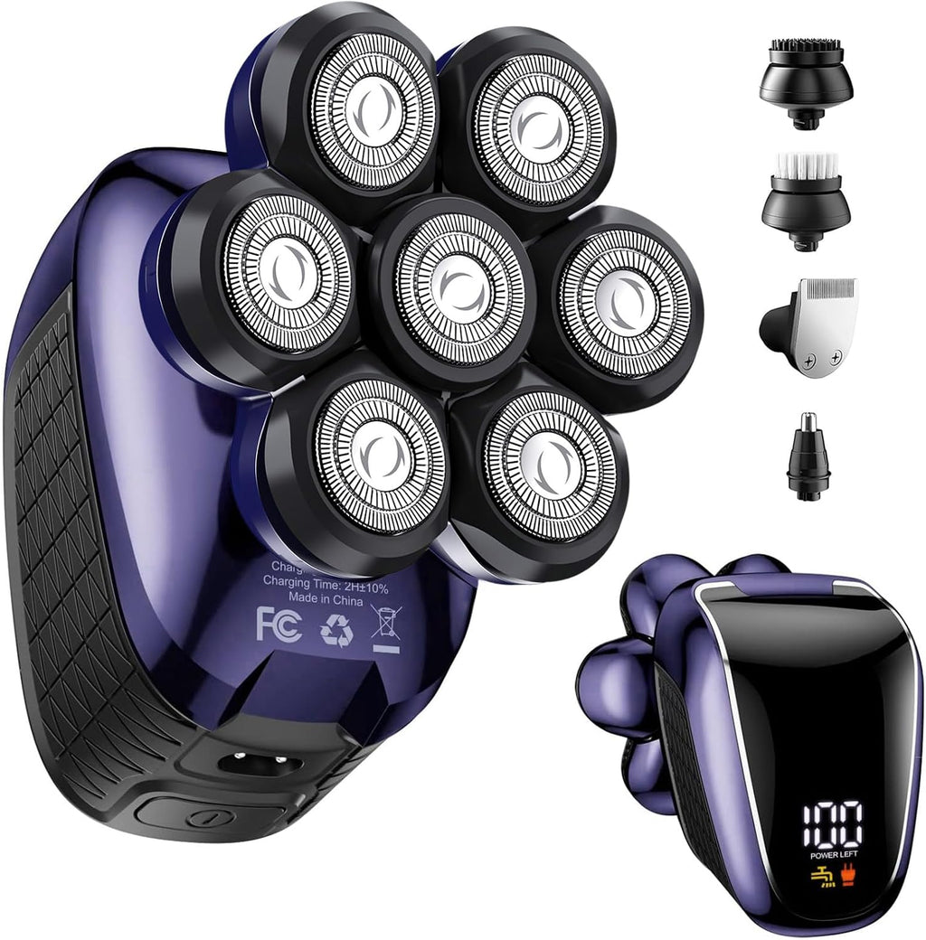 Afeitadoras de cabeza para hombres calvos: maquinilla de afeitar eléctrica 5 en 1 con cabezal flotante 7D y doble hoja - Afeitadora impermeable en seco y húmedo, bloqueo de viaje