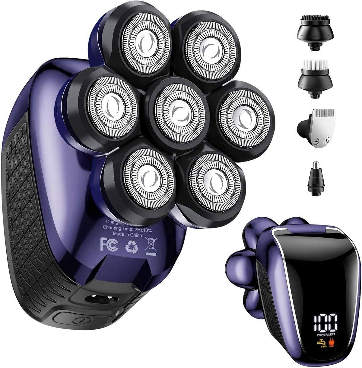 Afeitadoras de cabeza para hombres calvos: maquinilla de afeitar eléctrica 5 en 1 con cabezal flotante 7D y doble hoja - Afeitadora impermeable en seco y húmedo, bloqueo de viaje