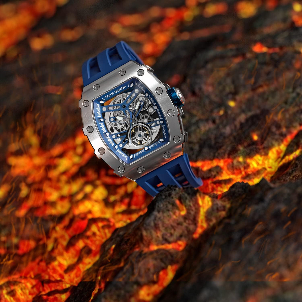 TSAR BOMBA Reloj de Lujo Masculino Automático 50M Resistente al Agua Movimiento Mecánico Japonés Caja de Acero Inoxidable Tonneau Cristal de Zafiro Esfera Grande Tipo Cool Moda Único Regalo para Hombre