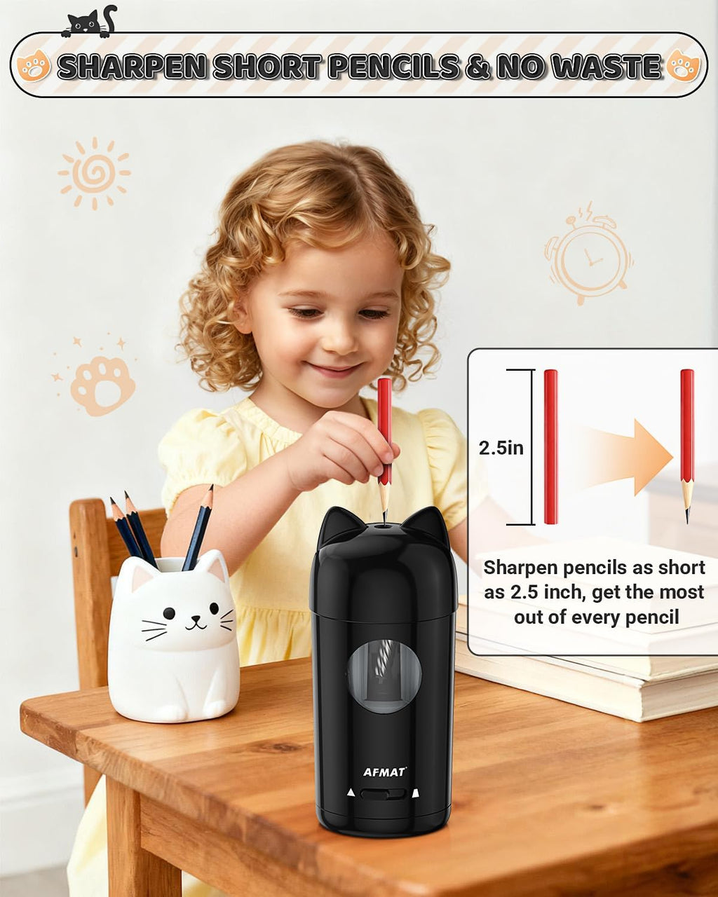 AFMAT Sacapuntas eléctrico PSX9, sacapuntas totalmente automático para niños, entrada y salida automática, para lápices de colores n.º 2 de φ7-0.315 in, recargable e inalámbrico