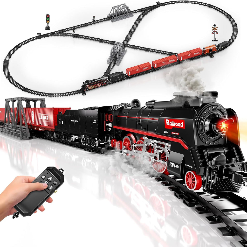 Juego de tren grande con control remoto, humo de 3 vías
