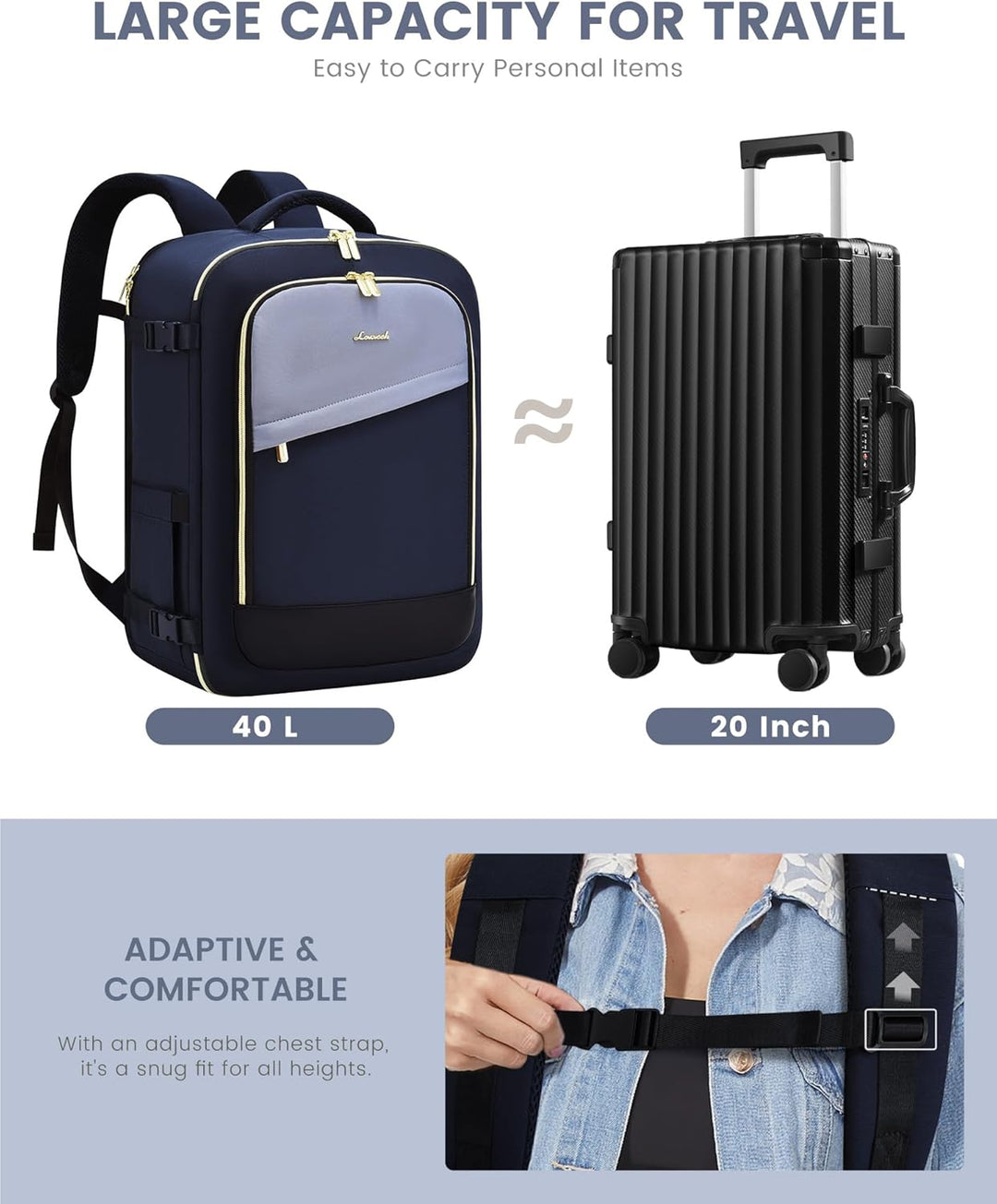 LOVEVOOK: Mochila de viaje para mujer, mochila de 40L para llevar e...