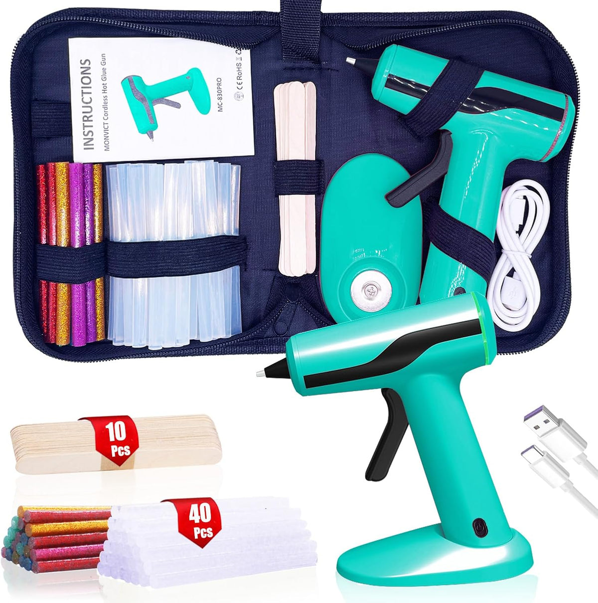 Pistola de silicón inteligente con apagado automático, kit de mini pistola de pegamento sin cable con batería de 2.2A, bolsa de almacenamiento, 40 barras de pegamento, 10 palos de
