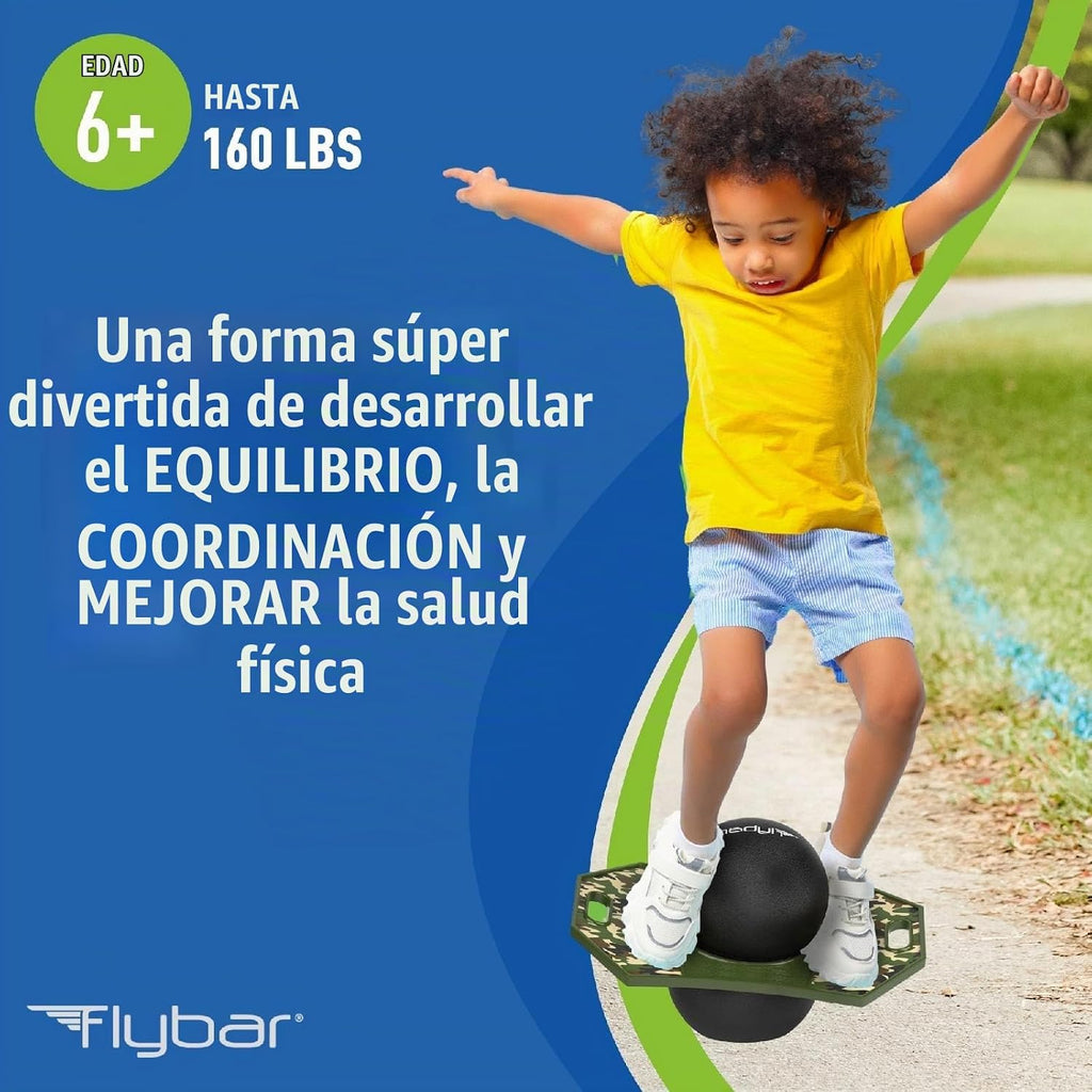Flybar Pogo - Pelota de truco para niños, tabla de rebote de equilibrio con cubierta antideslizante, bomba incluida, juguetes para interiores y exteriores para niños y niñas, forma divertida de