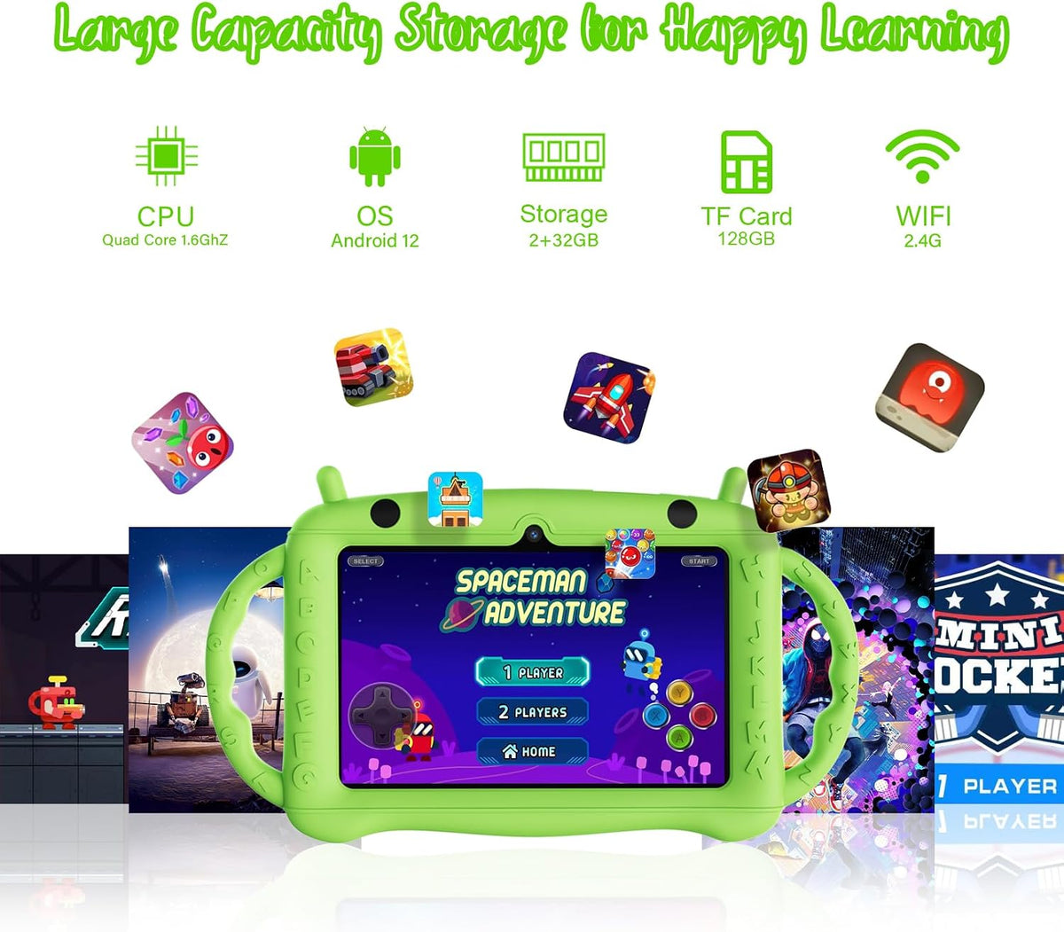 Tableta para niños de 7 pulgadas para niños de 3 a 7 años, tableta Android 12 de 2 GB de RAM+32 GB de ROM, aprendizaje educativo de control parental, Netflix, regalo para niños y niñas (verde)