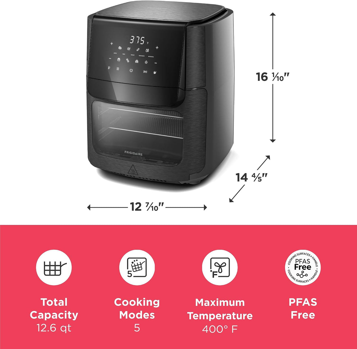 Frigidaire Horno combinado de freidora de aire 5 en 1 con ventana de visualización, gran capacidad de 12.6 QT, pantalla digital, 5 modos de cocción, 7 ajustes preestablecidos de recetas, recordatorio
