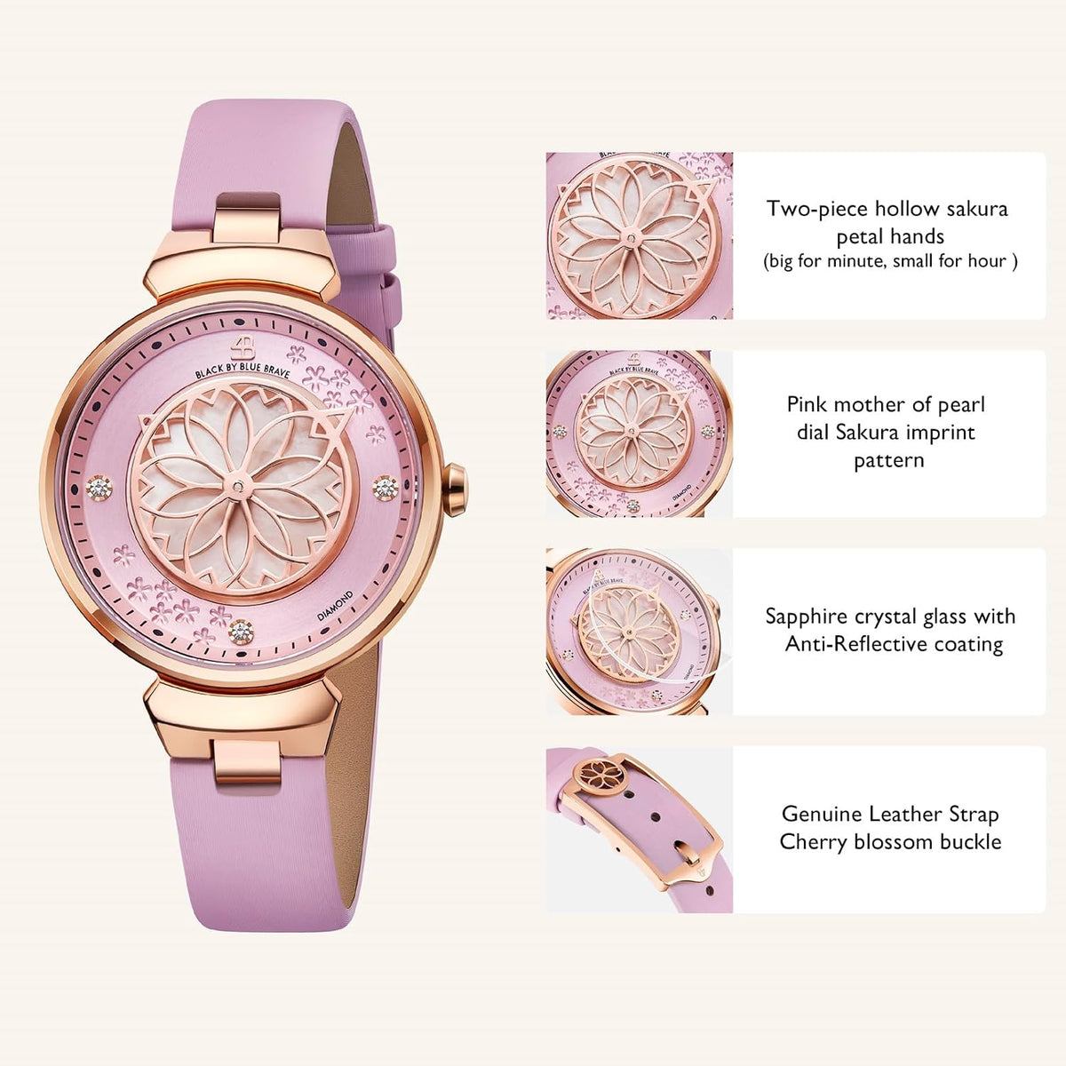 Relojes de Mujer Flor de Cerezo Reloj de Mujer Esfera de Madreperla Reloj de Dama con Correa de Cuero Forma de Pétalo Sakura Relojes de Flor de Cerezo para Mujeres Cristal de Zafiro para Durabilidad y