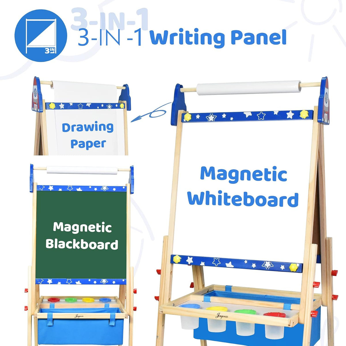 Joyooss - Caballete de arte para niños, caballete de pie ajustable para niños con tablero magnético y pizarra, pizarra magnética para niños, caballete de arte con 2 rollos de papel, pinturas para