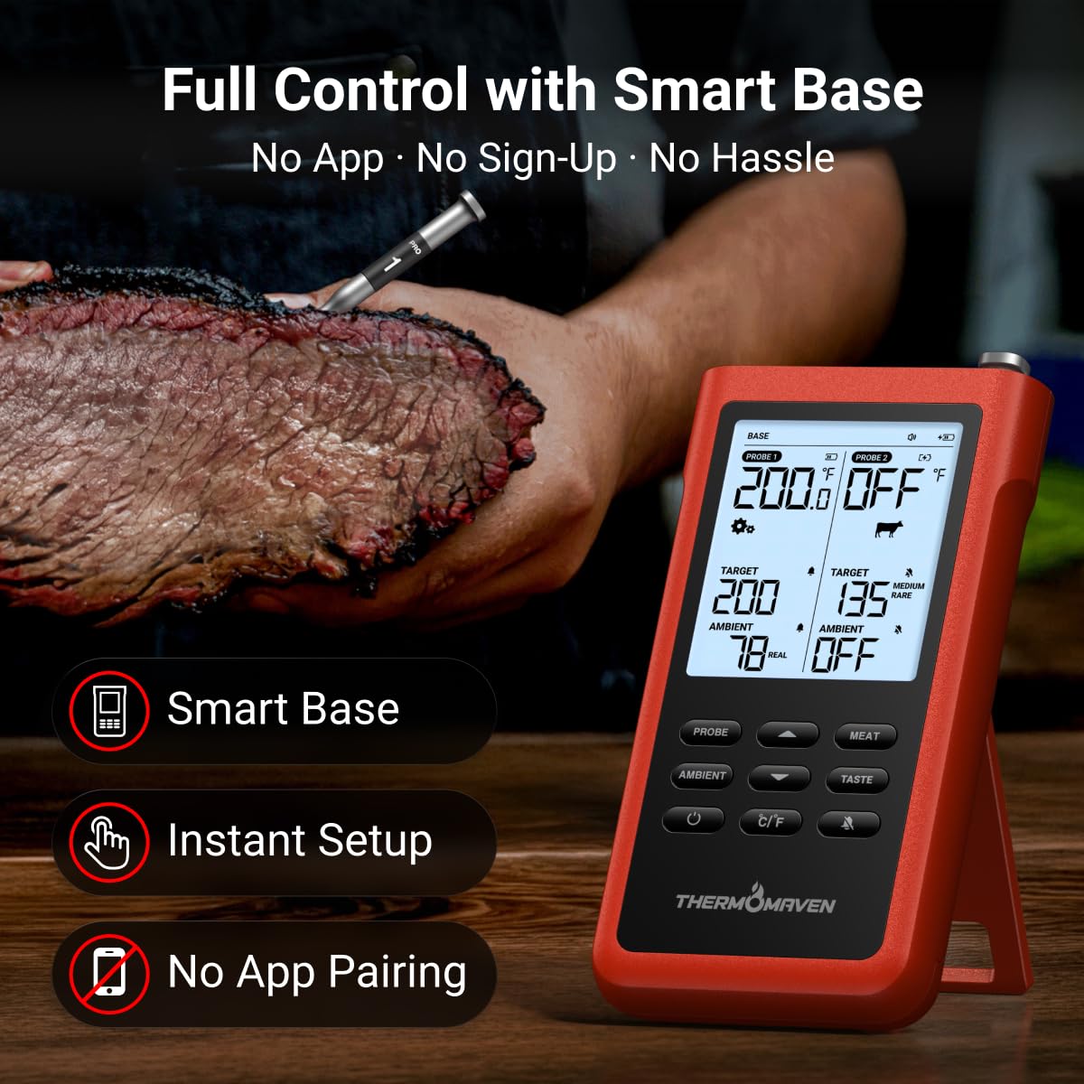 ThermoMaven Termómetro inalámbrico para carne de 3000 pies, no necesita