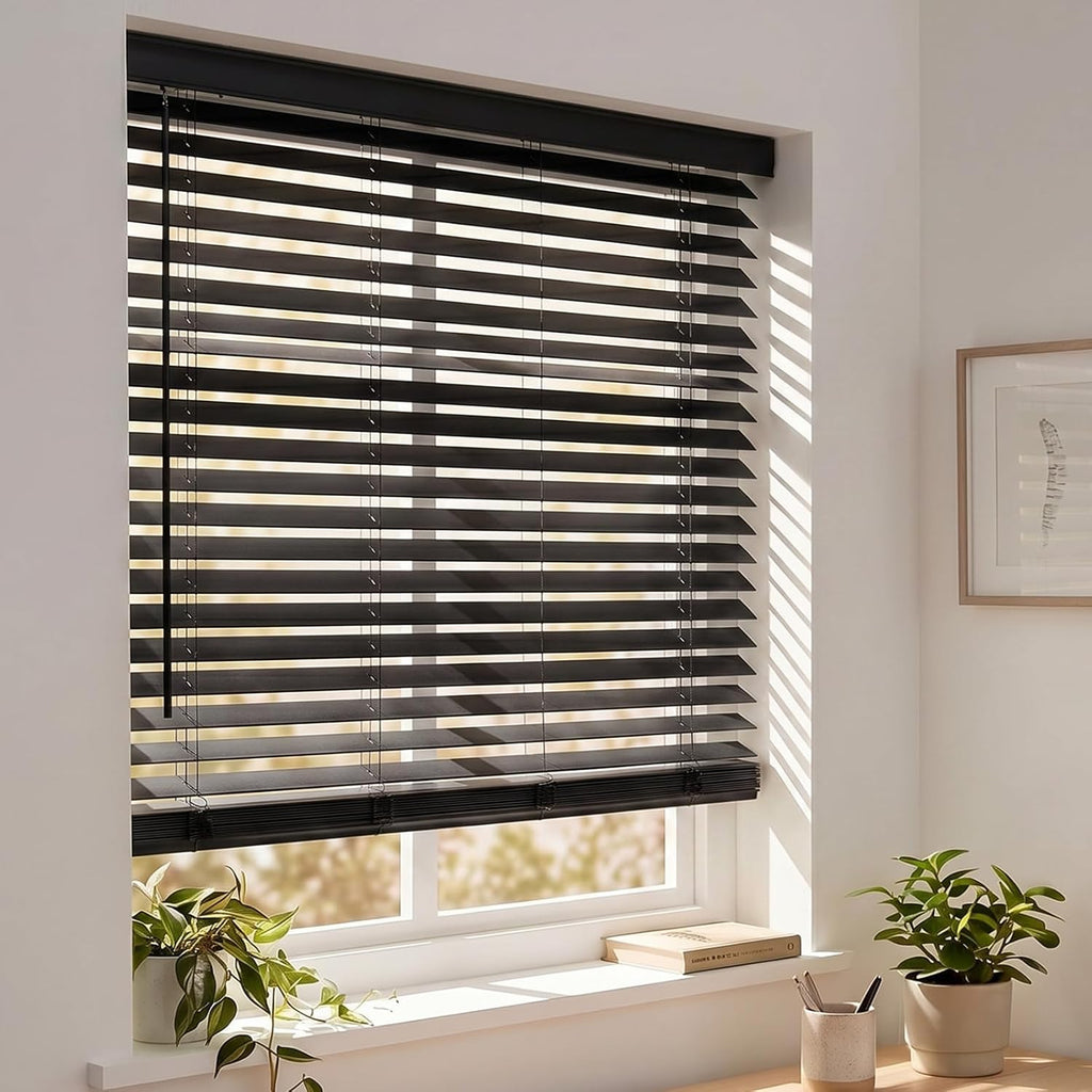 2" Persianas de Madera Verdadera sin Cables 23"W x 48"H Negro de Madera de Basswood para Ventanas Interiores